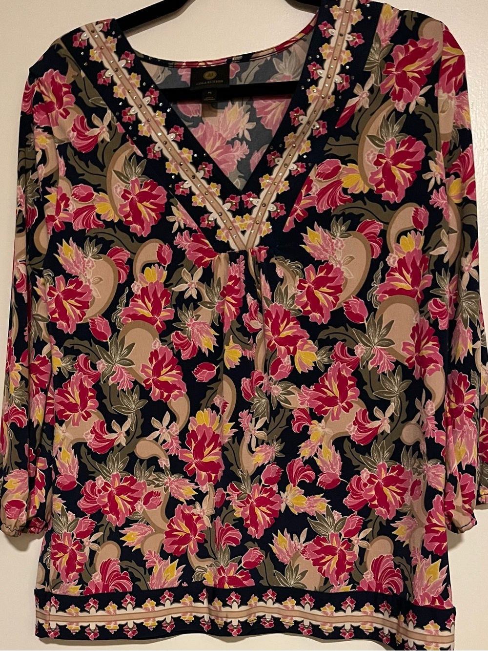 JM Collection Black Floral V-Neck Blouse with Pink Accents